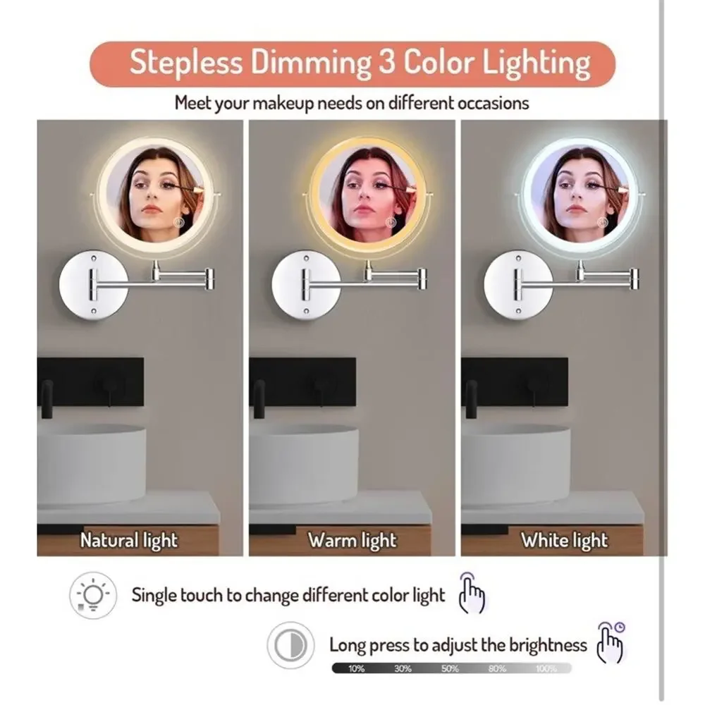 Rechargeable Wall Mounted Lighted Makeup Vanity Mirror 8 Inch Double Sided 1X.7X